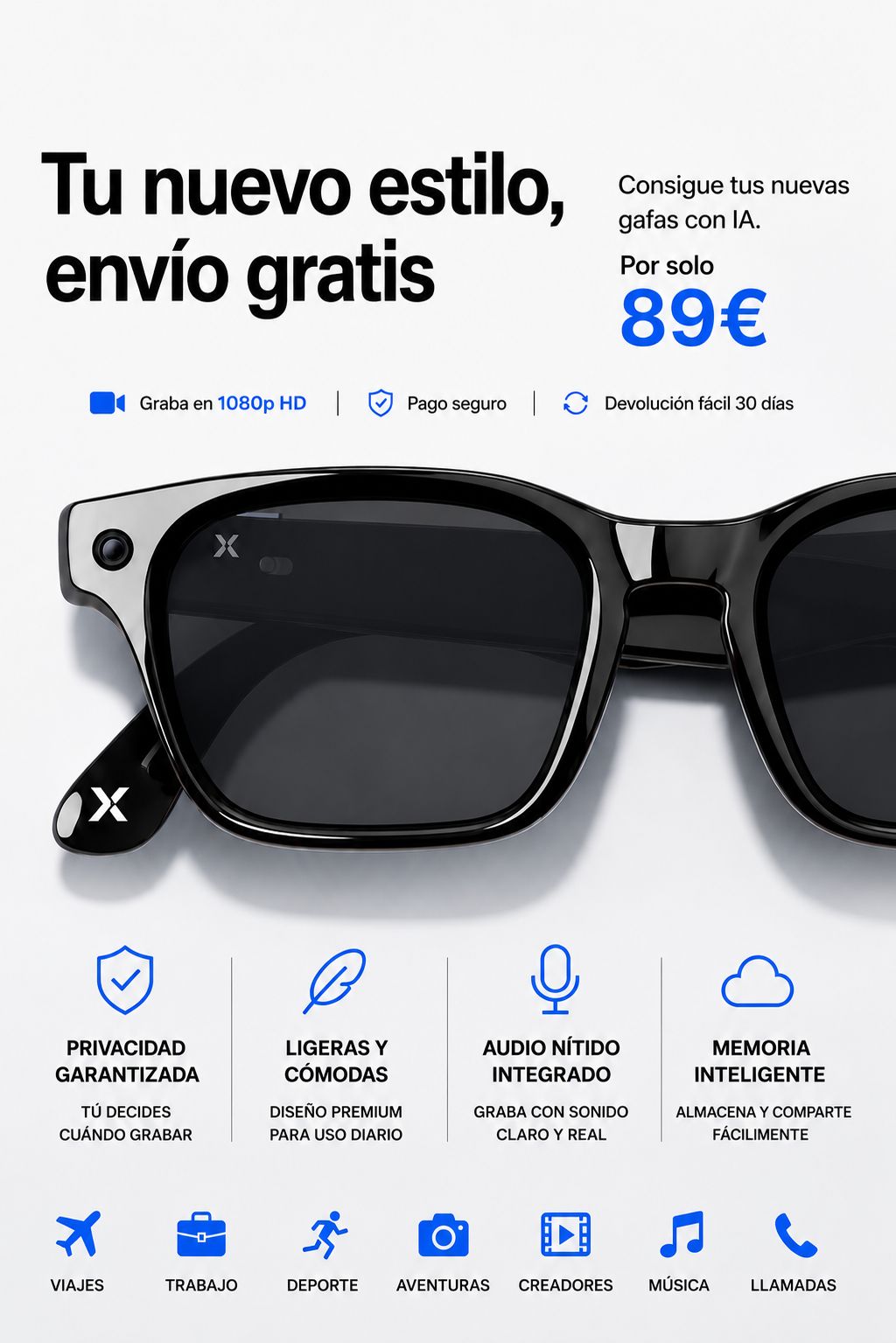 Gafas Inteligentes IA VISION X SMART GLASSES Con Cámara HD 1080p